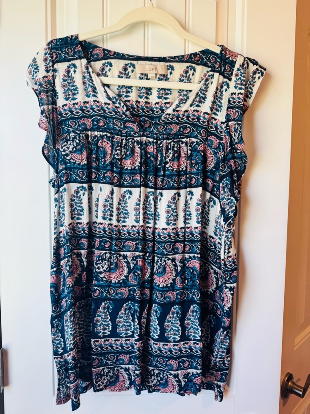 LOFT Navy and Pink Paisley Cap-Sleeve Tunic